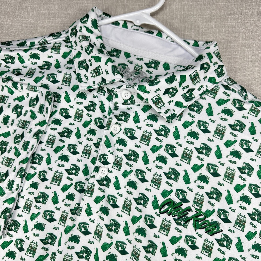 Old Row Polo Shirt Mens 2XL White Green Novelty Tailgate Print Performance EUC